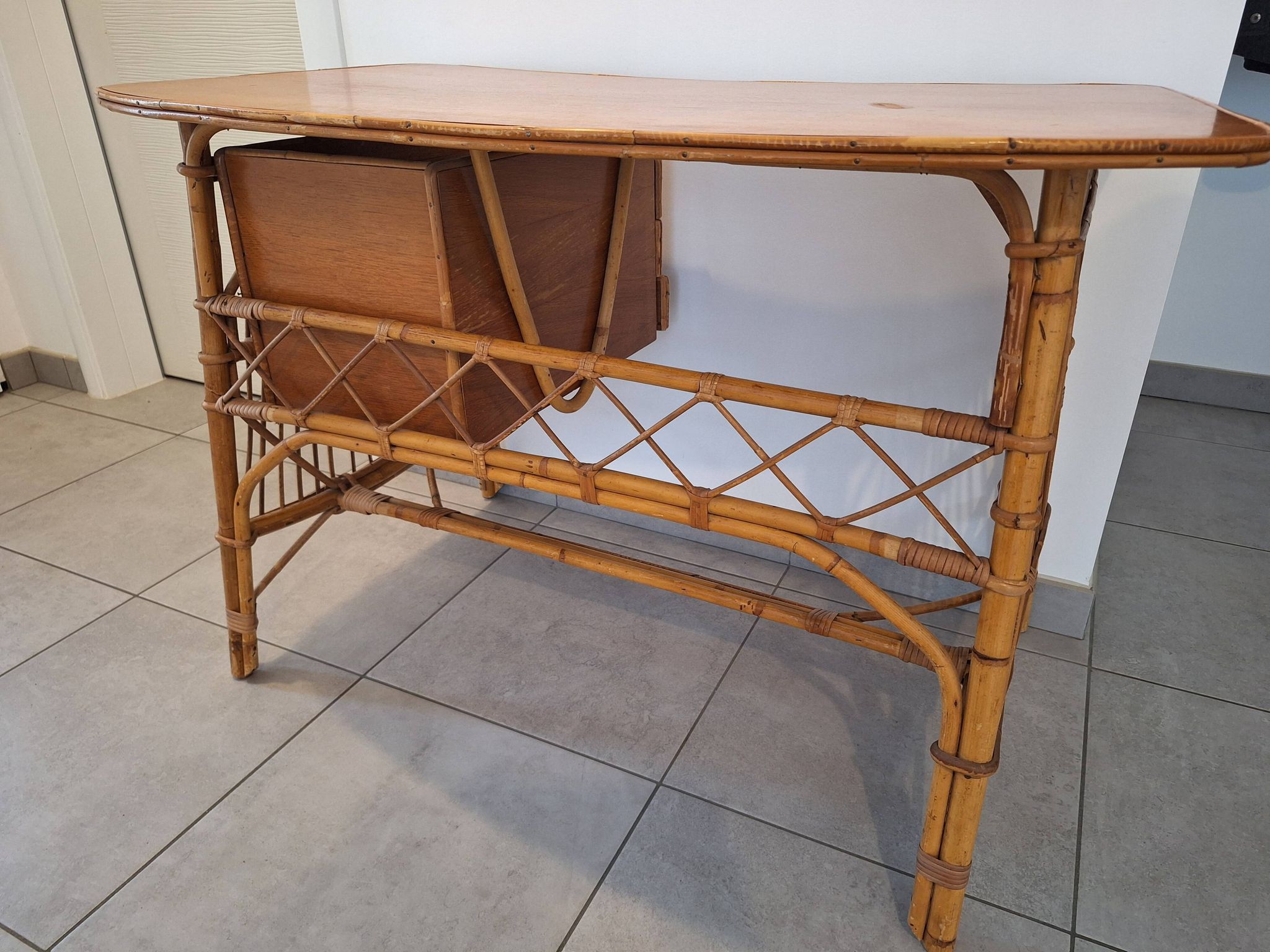 Rattan and bamboo desk with chair - Audoux Minet style from the 1970s.