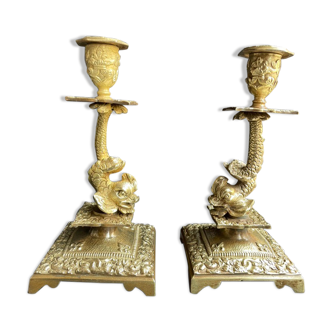 Pair of Napoleon III candle holders - Louis XIV style - Bronze (gilded)