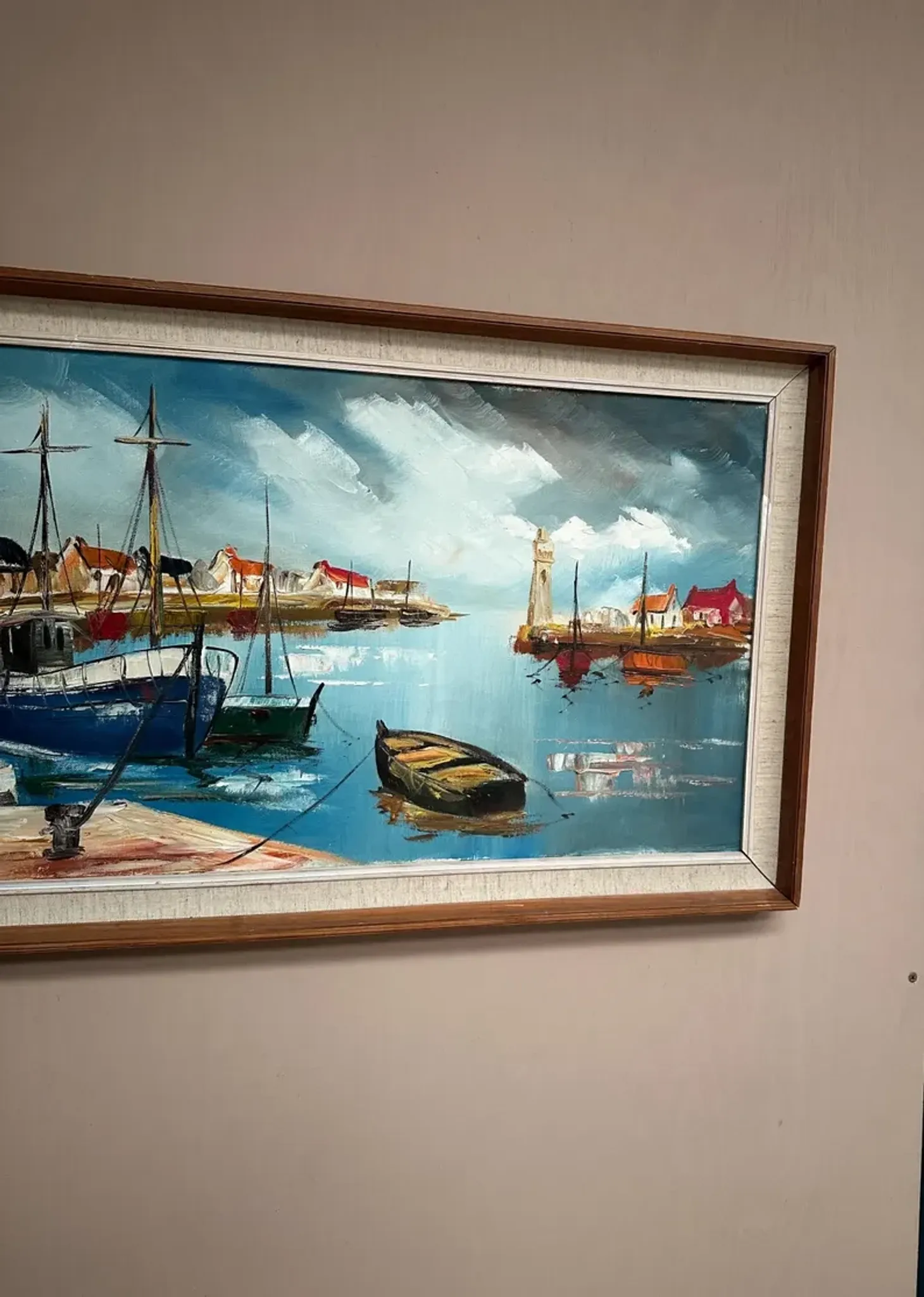 Original Swedish Oil on Canvas – “Boats” by Lennart Börje – Signed – Vintage & Framed 88.5 cm x 48.5 cm (34.8" × 19")