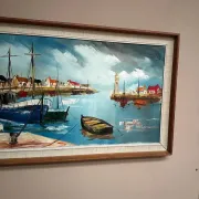 Original Swedish Oil on Canvas – “Boats” by Lennart Börje – Signed – Vintage & Framed 88.5 cm x 48.5 cm (34.8" × 19")