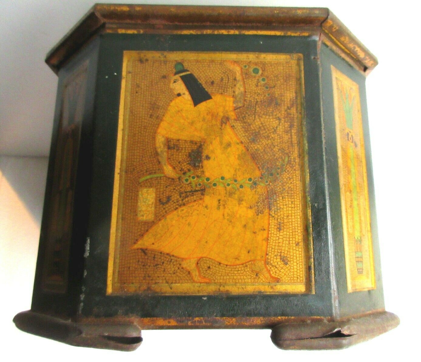 Octagonal sewing box with mirror, lithographed sheet: antique scene, 1900