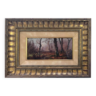 Tableau HSP "Paysage animé de sous bois" + cadre Galerie mi-XX°