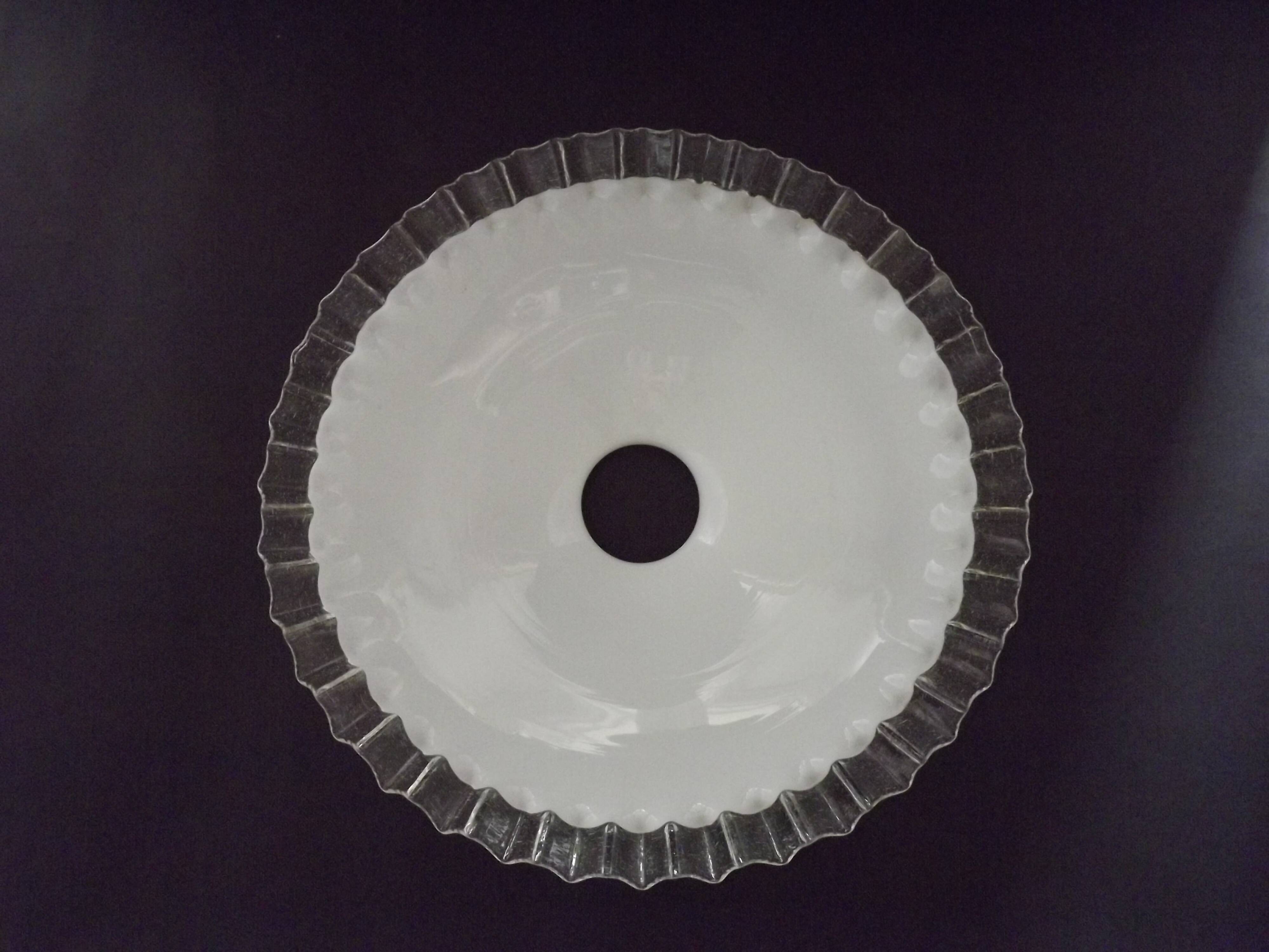 French frilled glass pendant shade, white opaline glass with a clear scalloped edge.