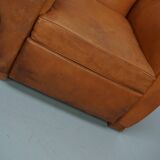 Pair of French club chairs with moustache back in cognac leather, 1950s