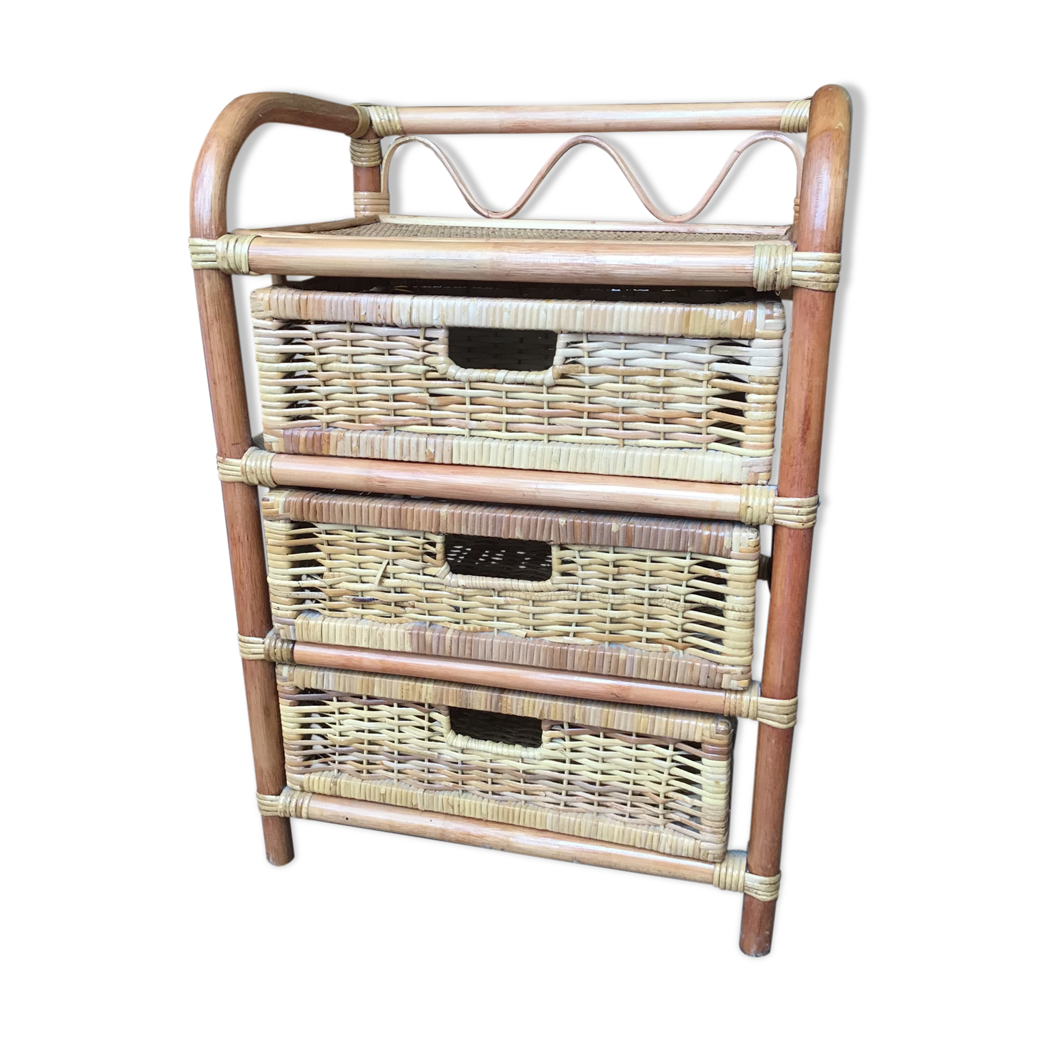Meuble de rangement à tiroirs en rotin années 70