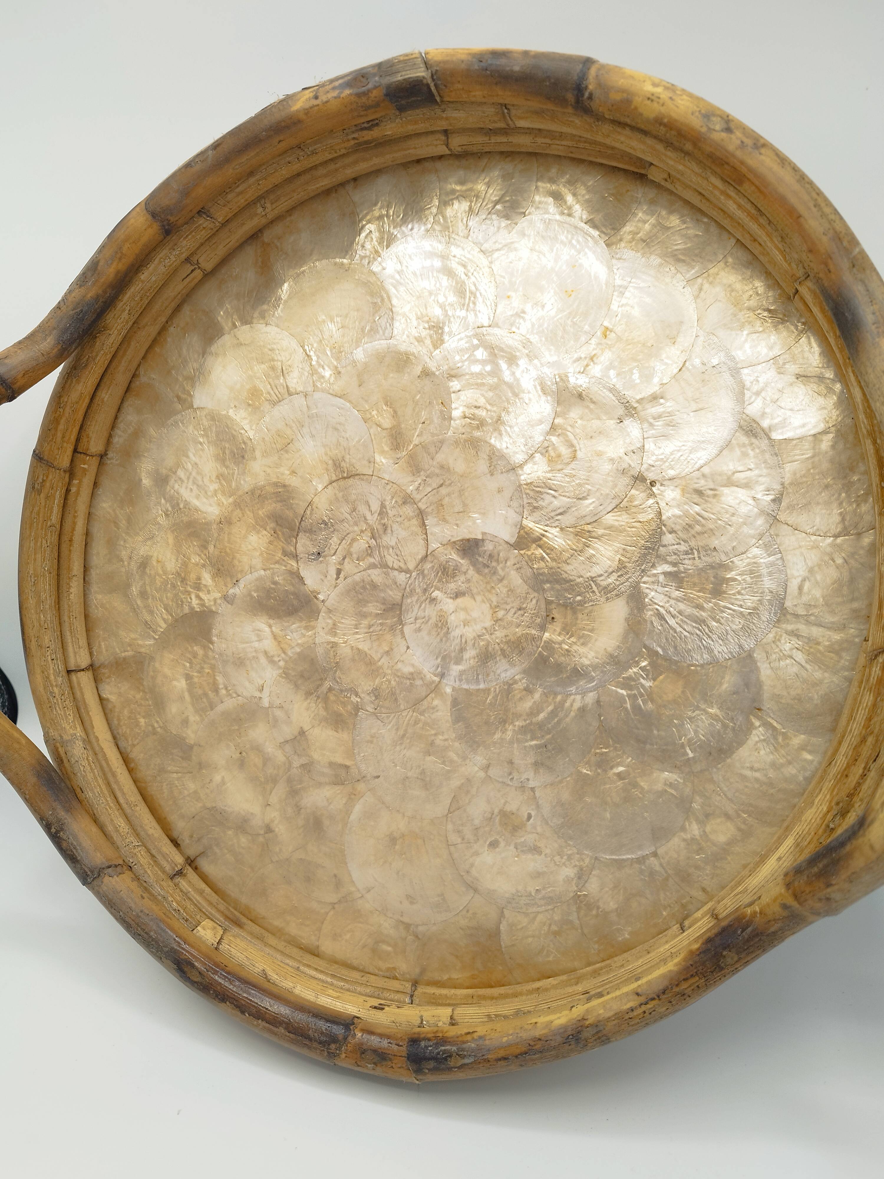 Vintage round bamboo and Capiz shell platter – Italy, 1970s