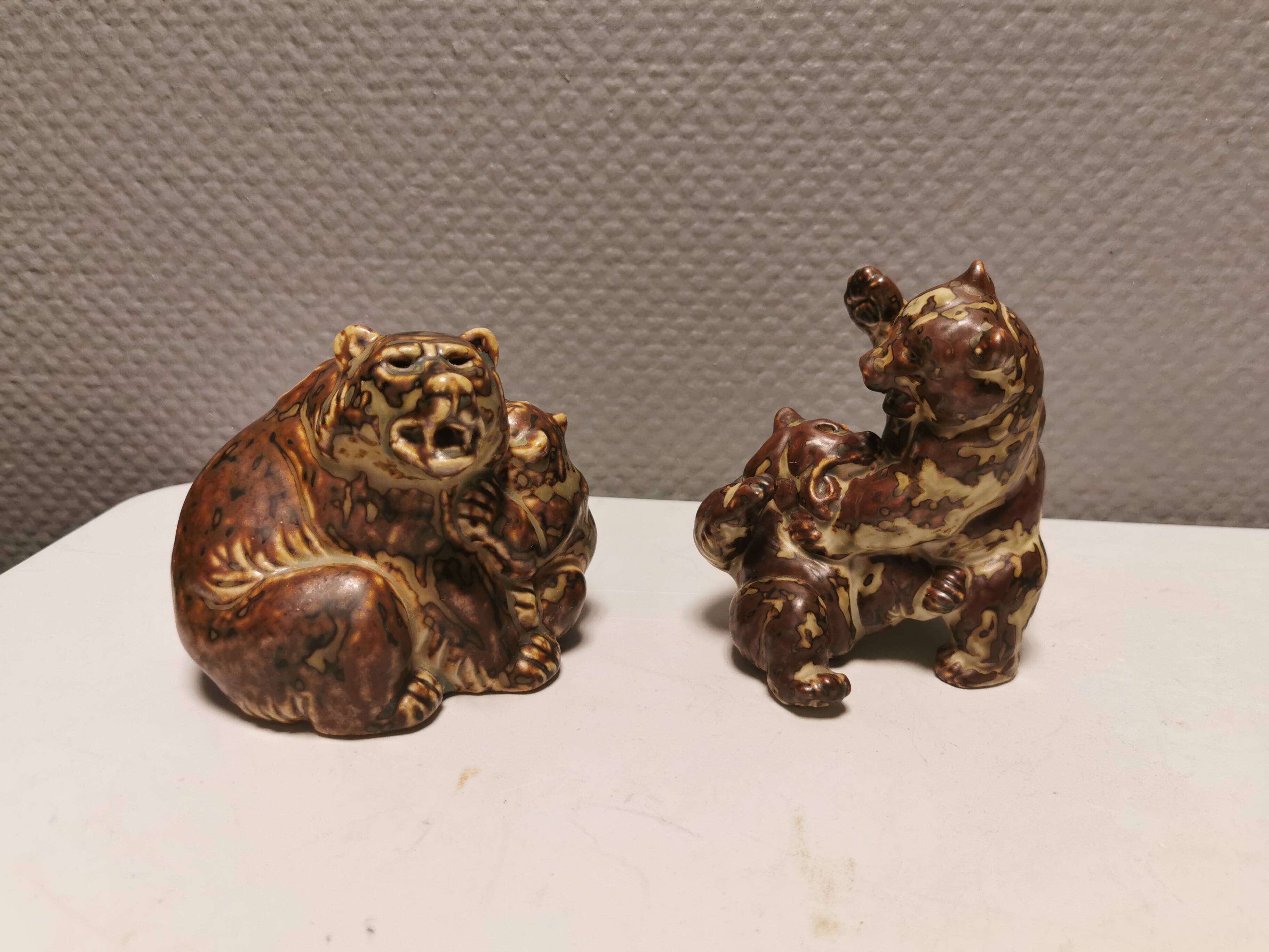 Two bear figurines from Danish Royal Copenhagen mid last century in sung glaze by Knud Kyhn (KK)