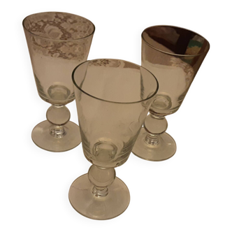3 antique water glasses on stem
