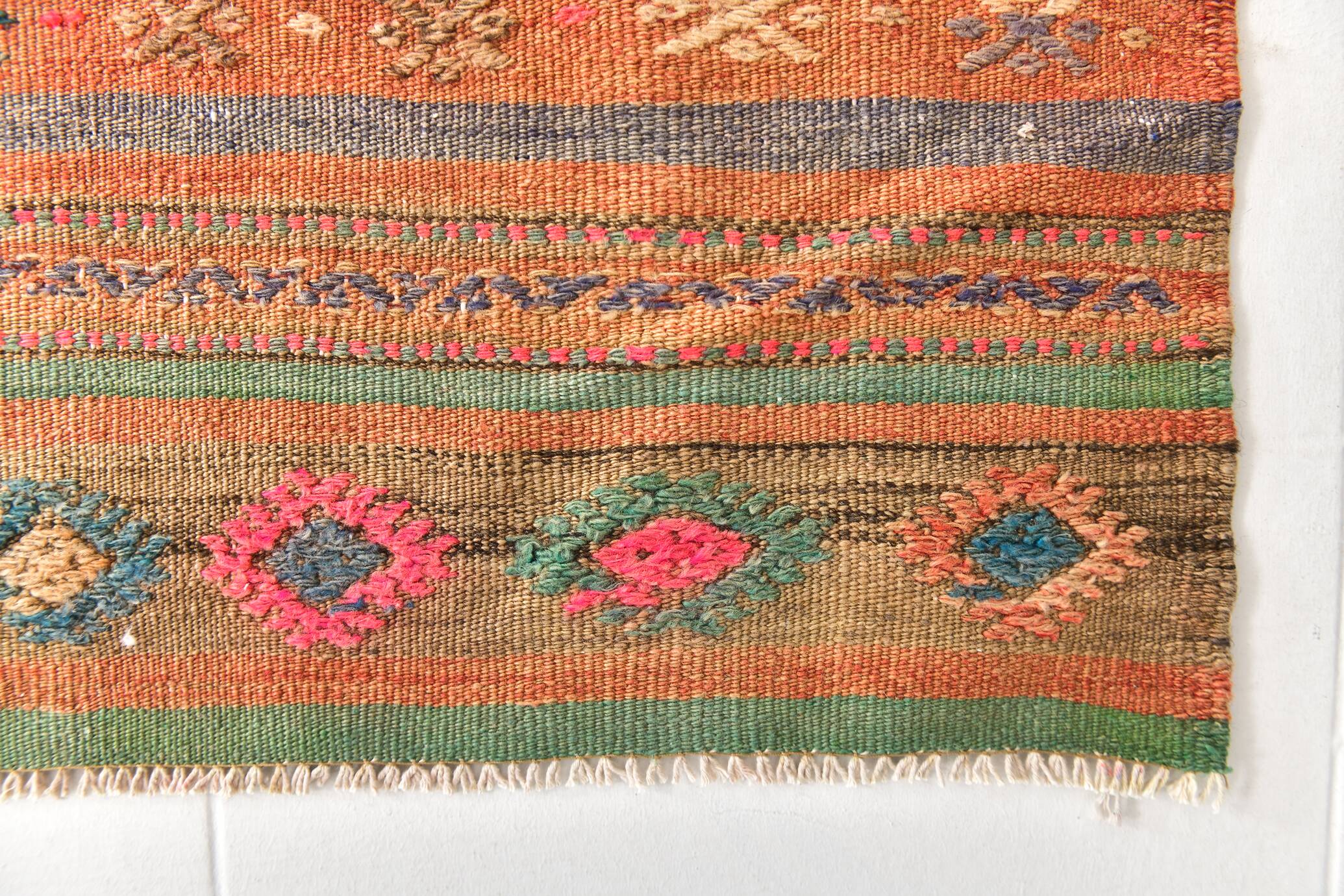 5x8 Green & Orange Striped Pattern Persian Kilim Rug, 155x250Cm