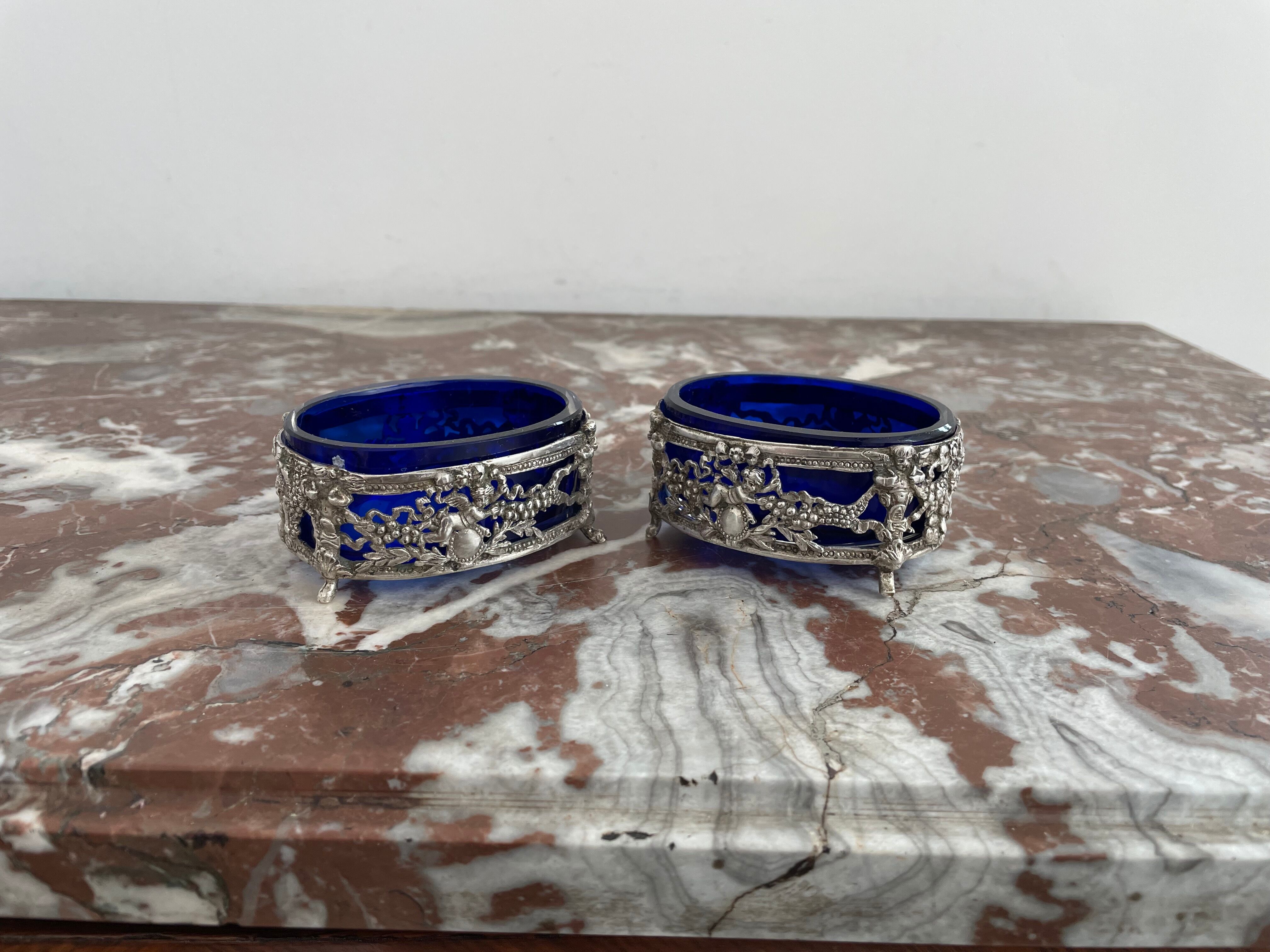 Antique, pair of salerons, silver plated, goldsmith hallmark, putti decoration, grape