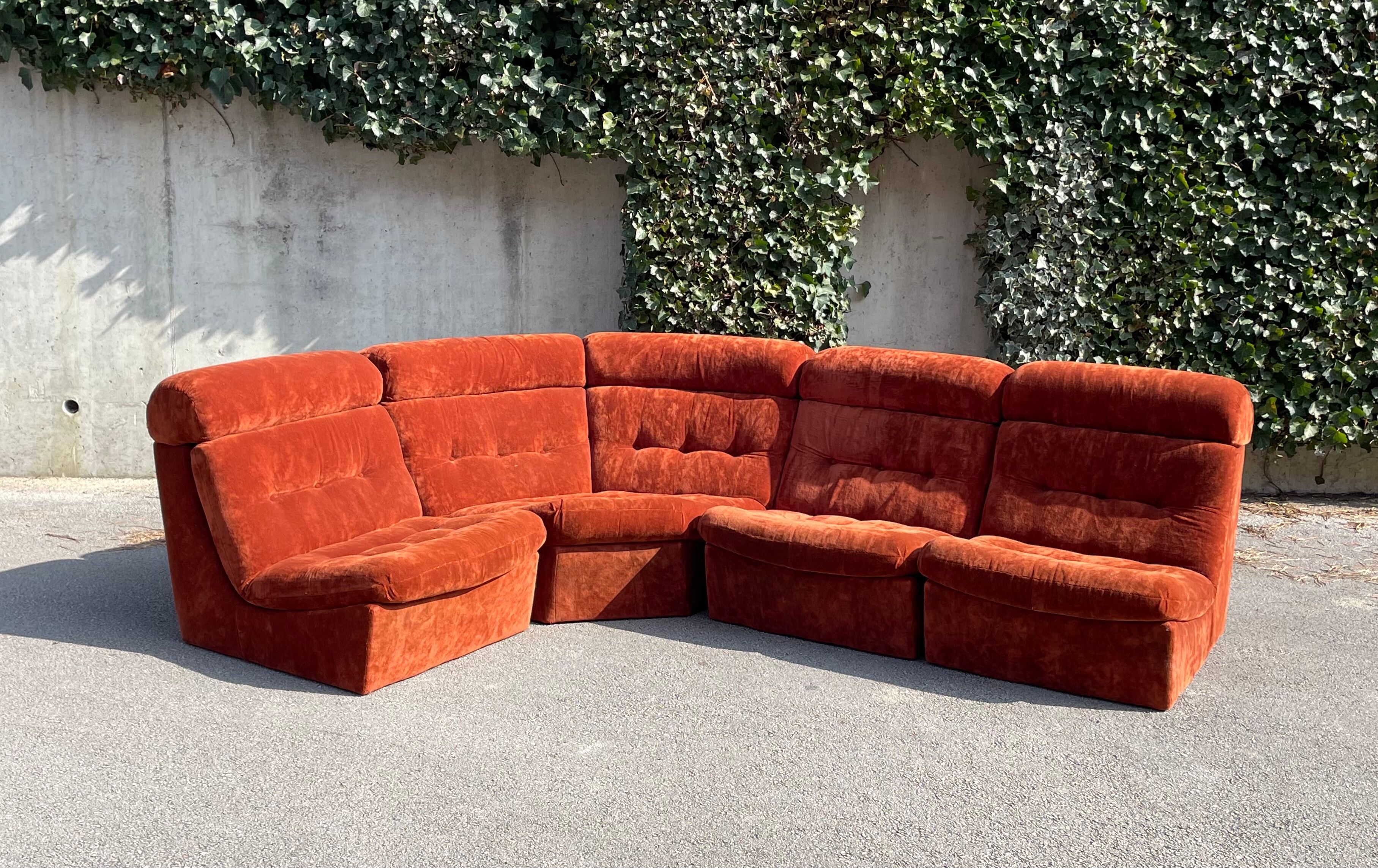 Modular sofa in rusty velvet, France 1970s