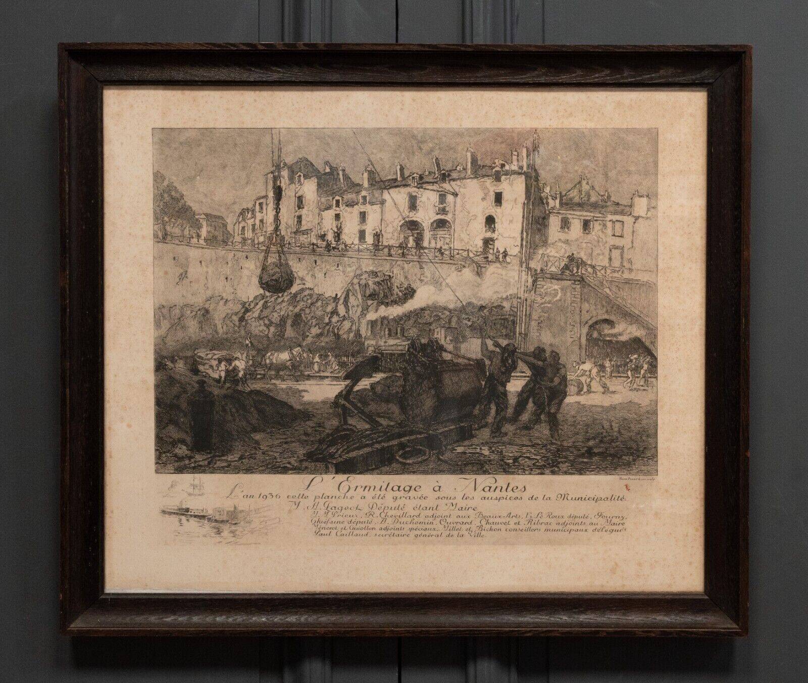 Engraving by René Pinard L'Ermitage in Nantes numbered natural wood frame