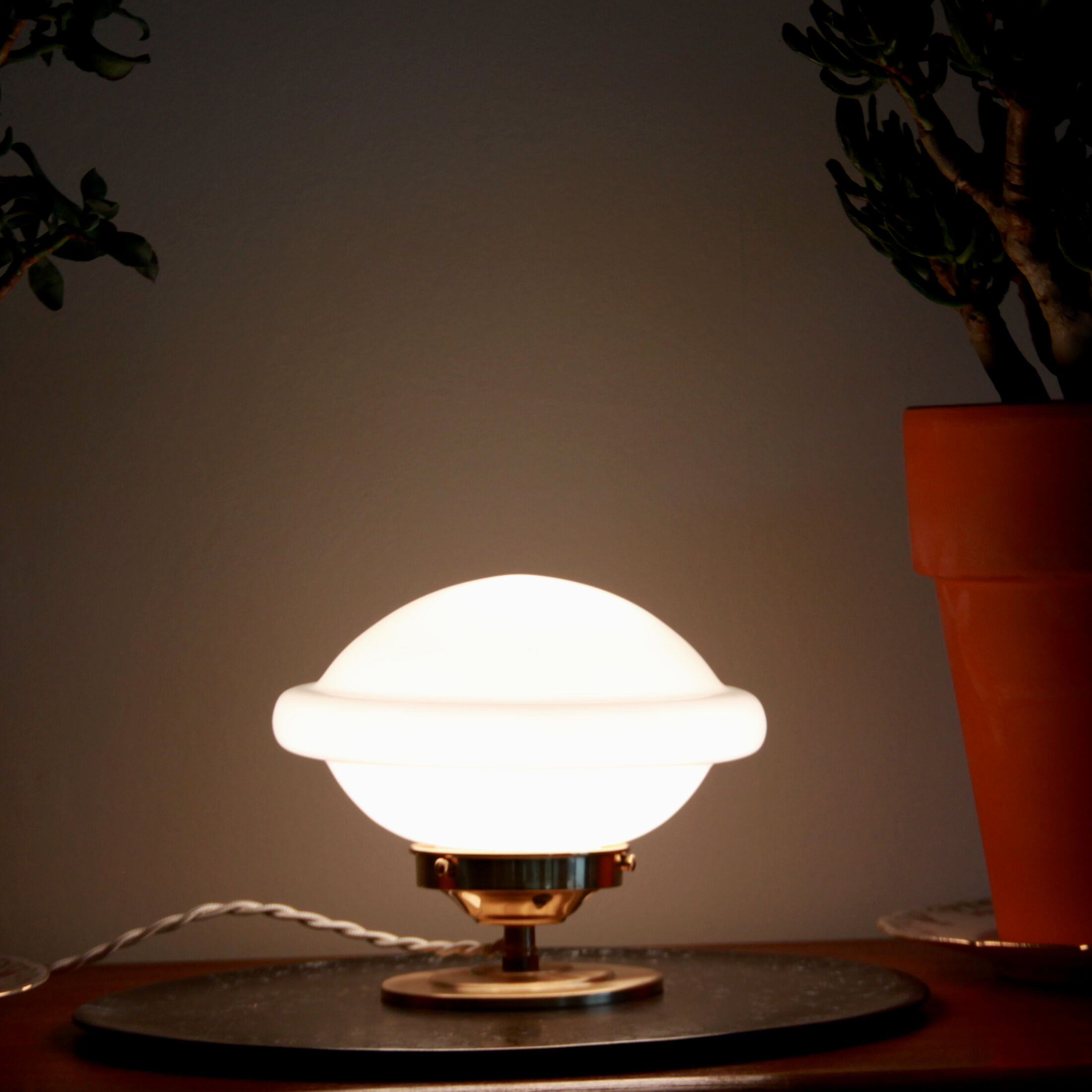 Bedside lamp desk brass globe opaline glass white art deco old