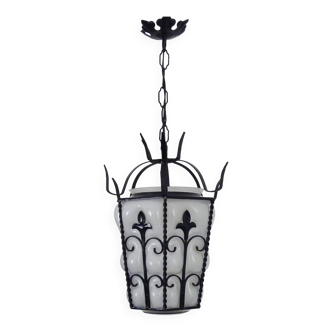 Lantern cage pendant light in molded white glass and wrought iron. 1960s-70s