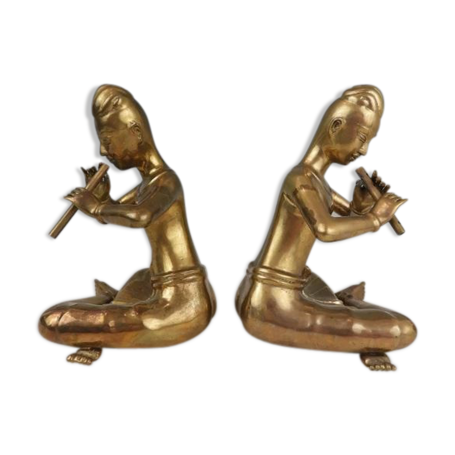Pair of bookends in brass, flute players
