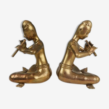 Pair of bookends in brass, flute players