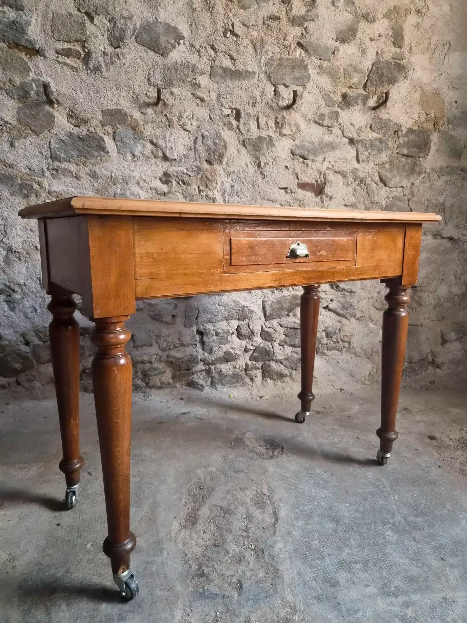 Vintage beech desk with a linoleum top and drawer.