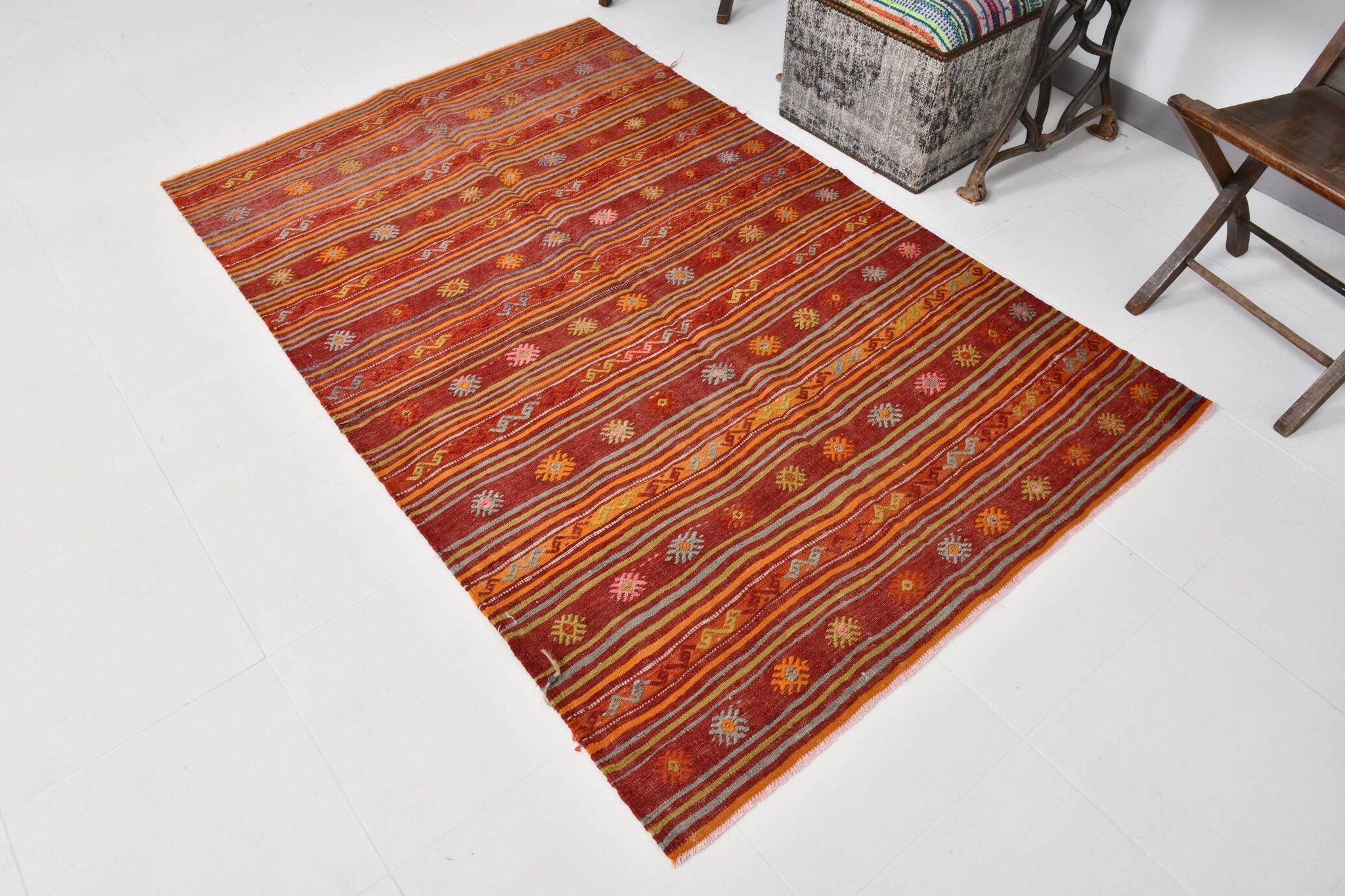 4x7 Red Orange Striped Handmade Wool Kilim Rug