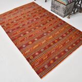 4x7 Red Orange Striped Handmade Wool Kilim Rug