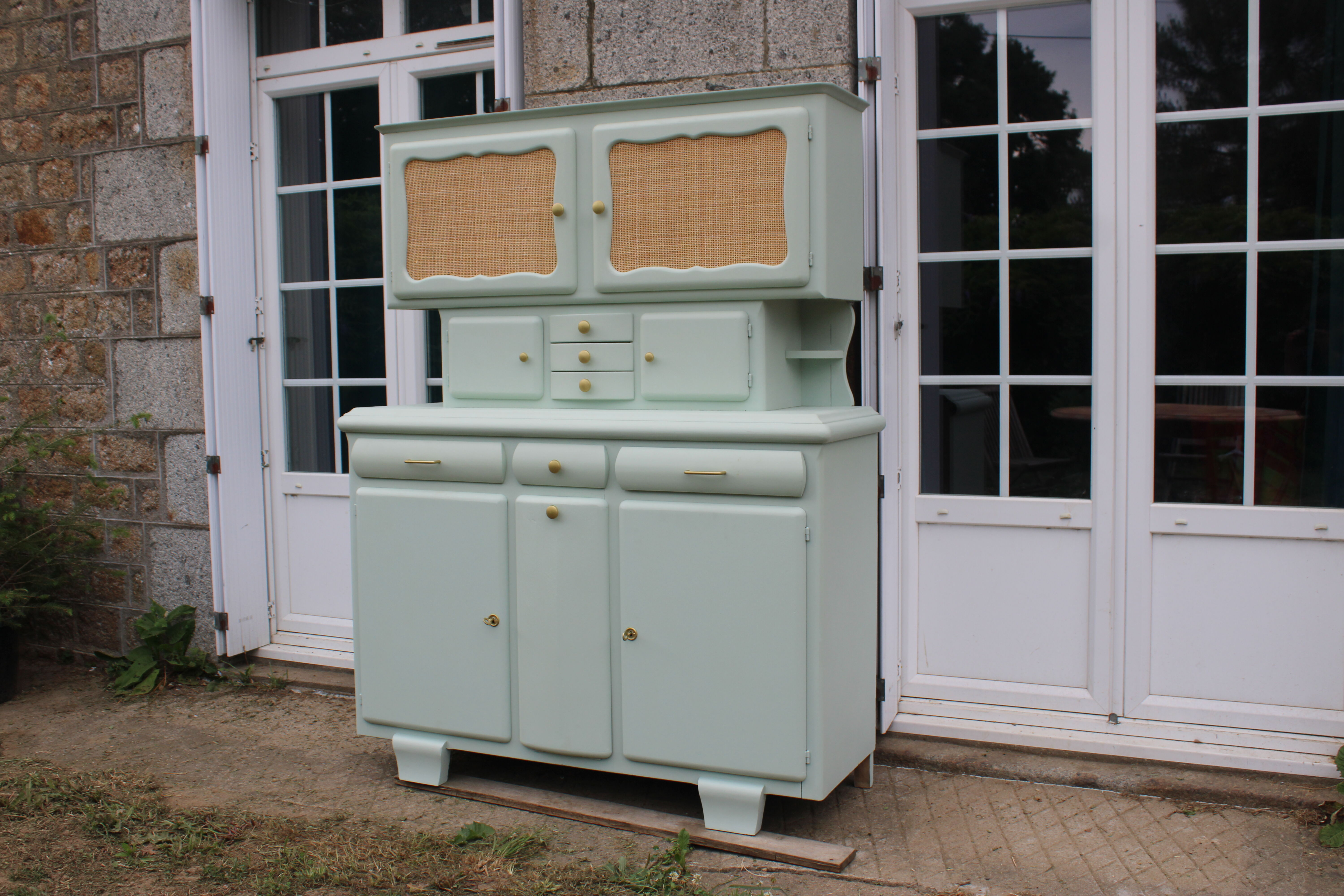 Renovated vintage Mado sideboard – Celadon green & natural cane