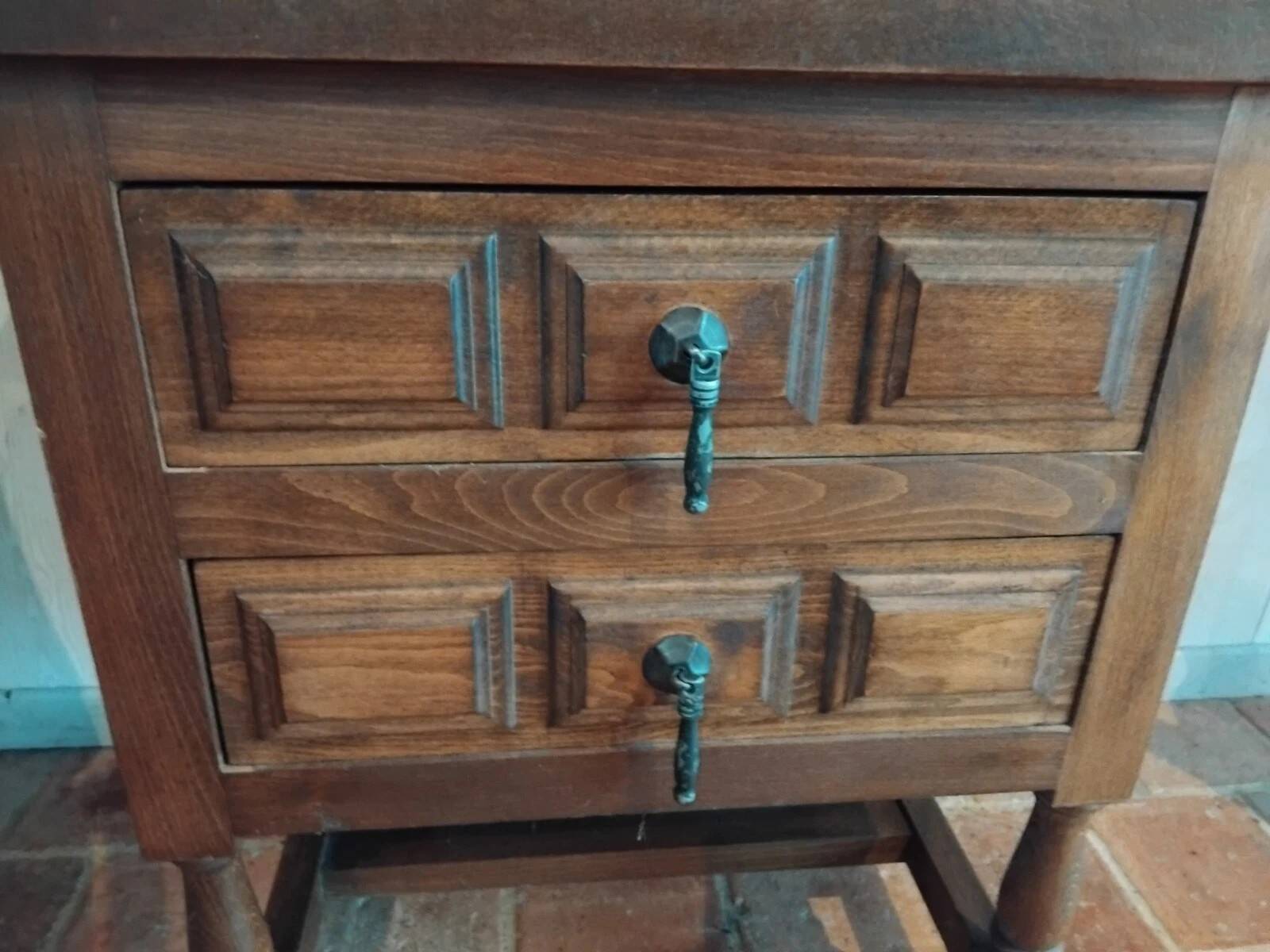 Antique wooden side table with 2 vintage drawers