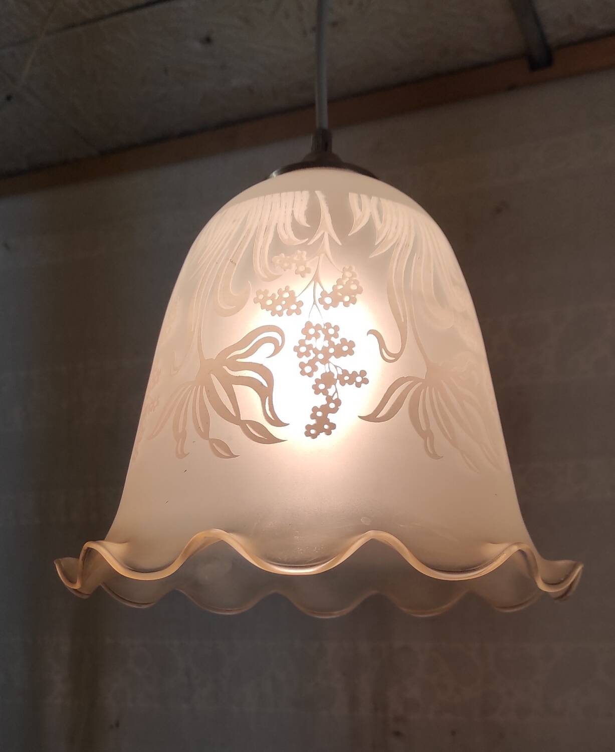Suspension style Art Nouveau glass globe with screen-printed floral pattern.
