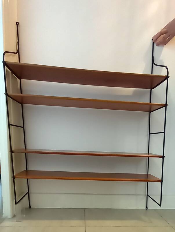 Vintage metal and solid wood string style wall shelf.