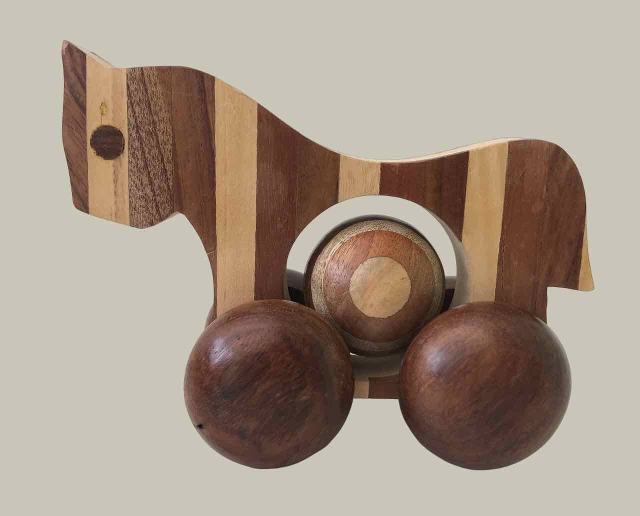 Small marquetry horse on wheels