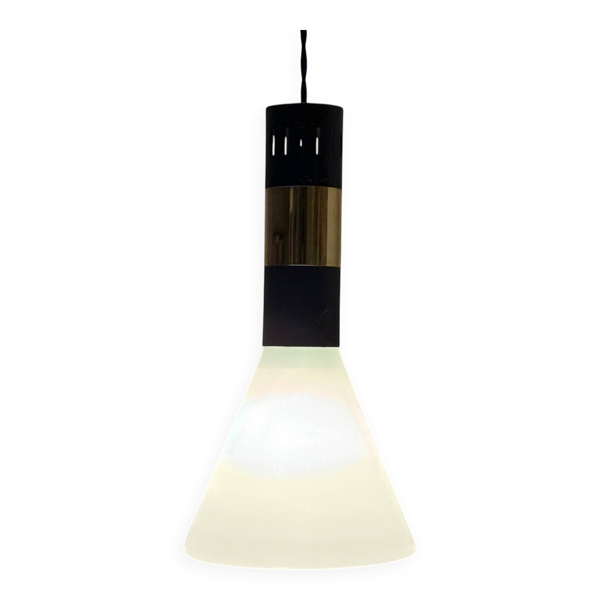 Hanging Light in Opaline Glass and Brass attributed to Stilnovo, 1950s