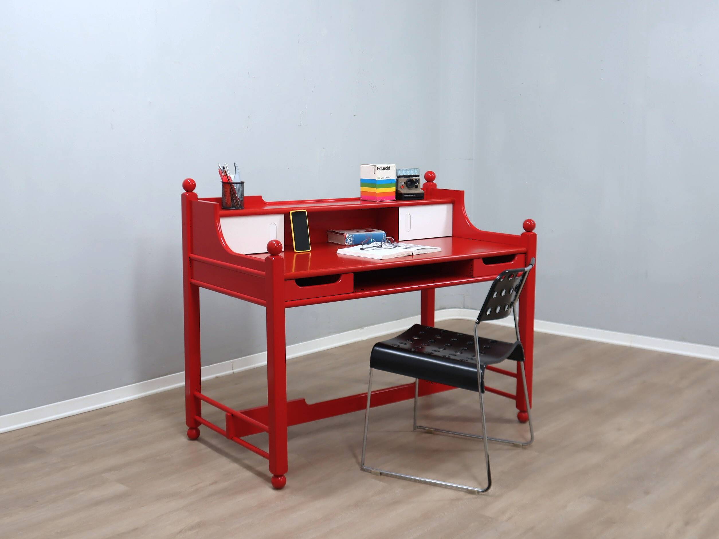 Vintage red lacquered writing desk Italian rustic design 1960s