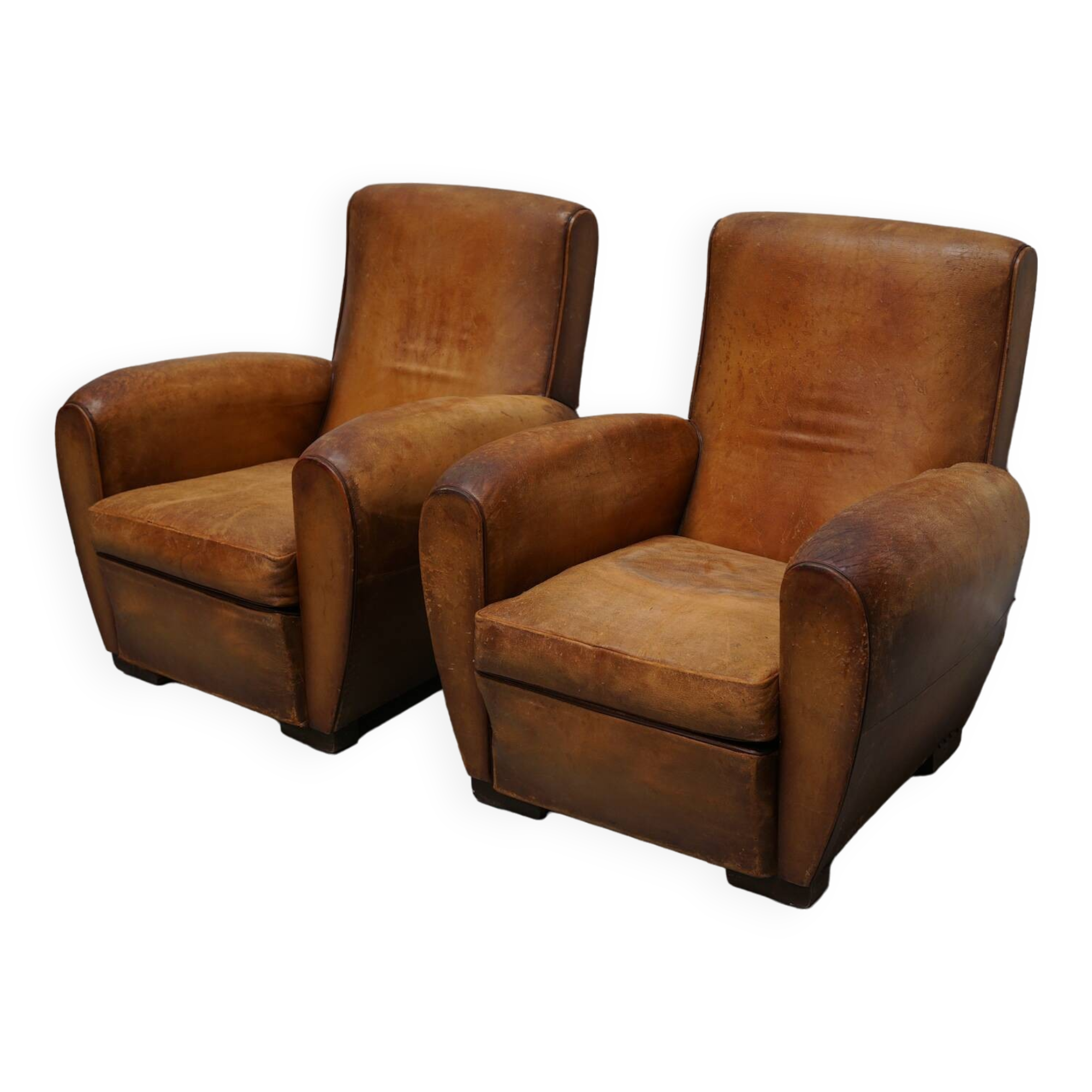Paire de fauteuils club vintage en cuir cognac français, lot de 2