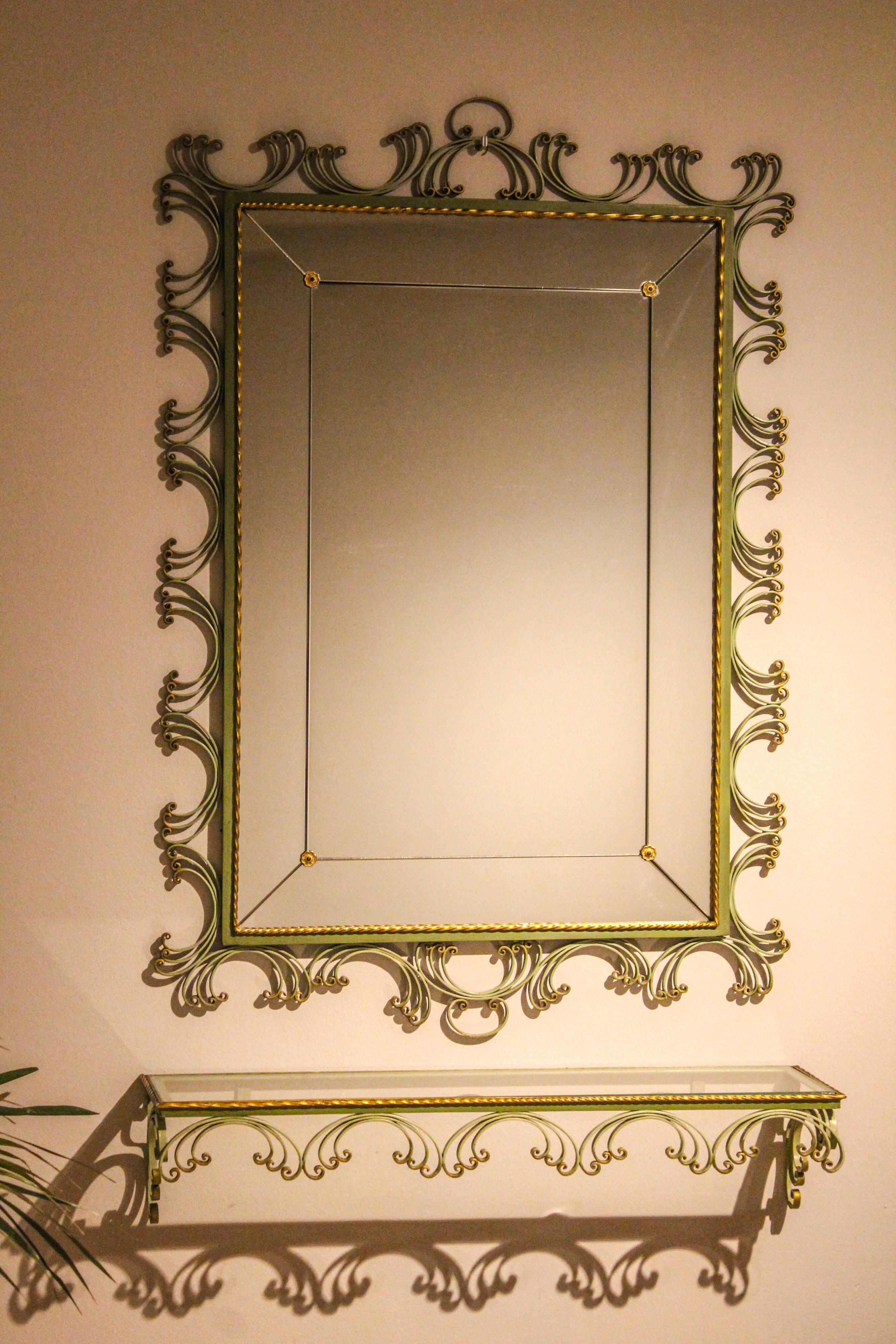 Miroir en plomb avec console en fer forgé laqué en vert pistache et or, Art Déco,