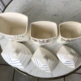 Trio of antique hand-painted ceramic pots (flour, sugar, coffee)