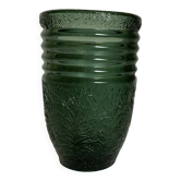 Antique green art deco molded glass vase