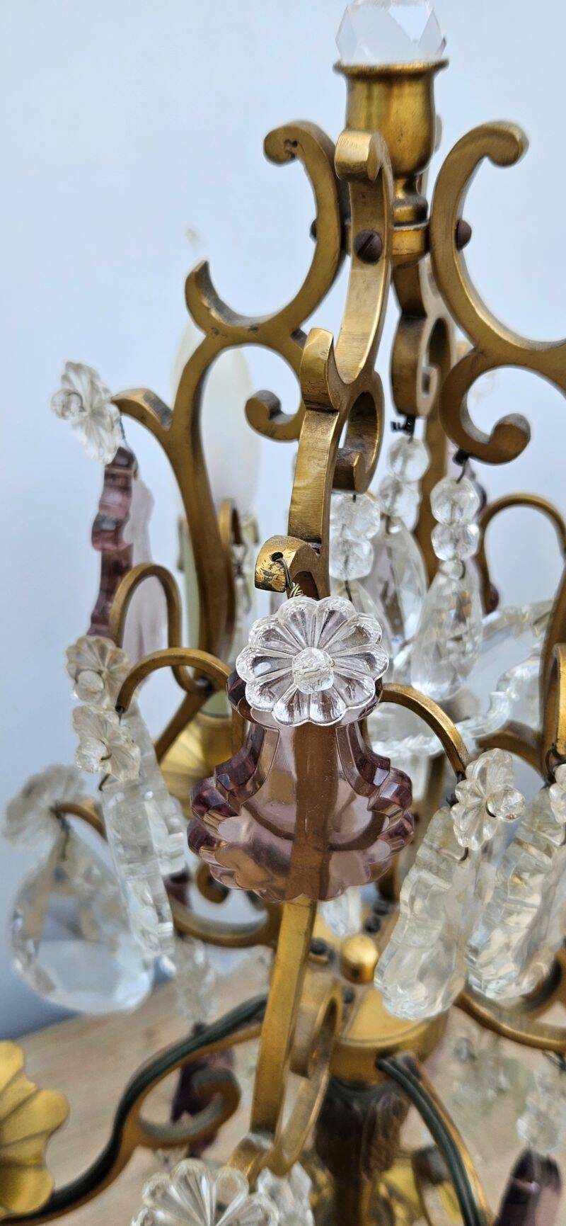 Pair of Gilt Bronze Candelabras with Colored Crystal Tassels
