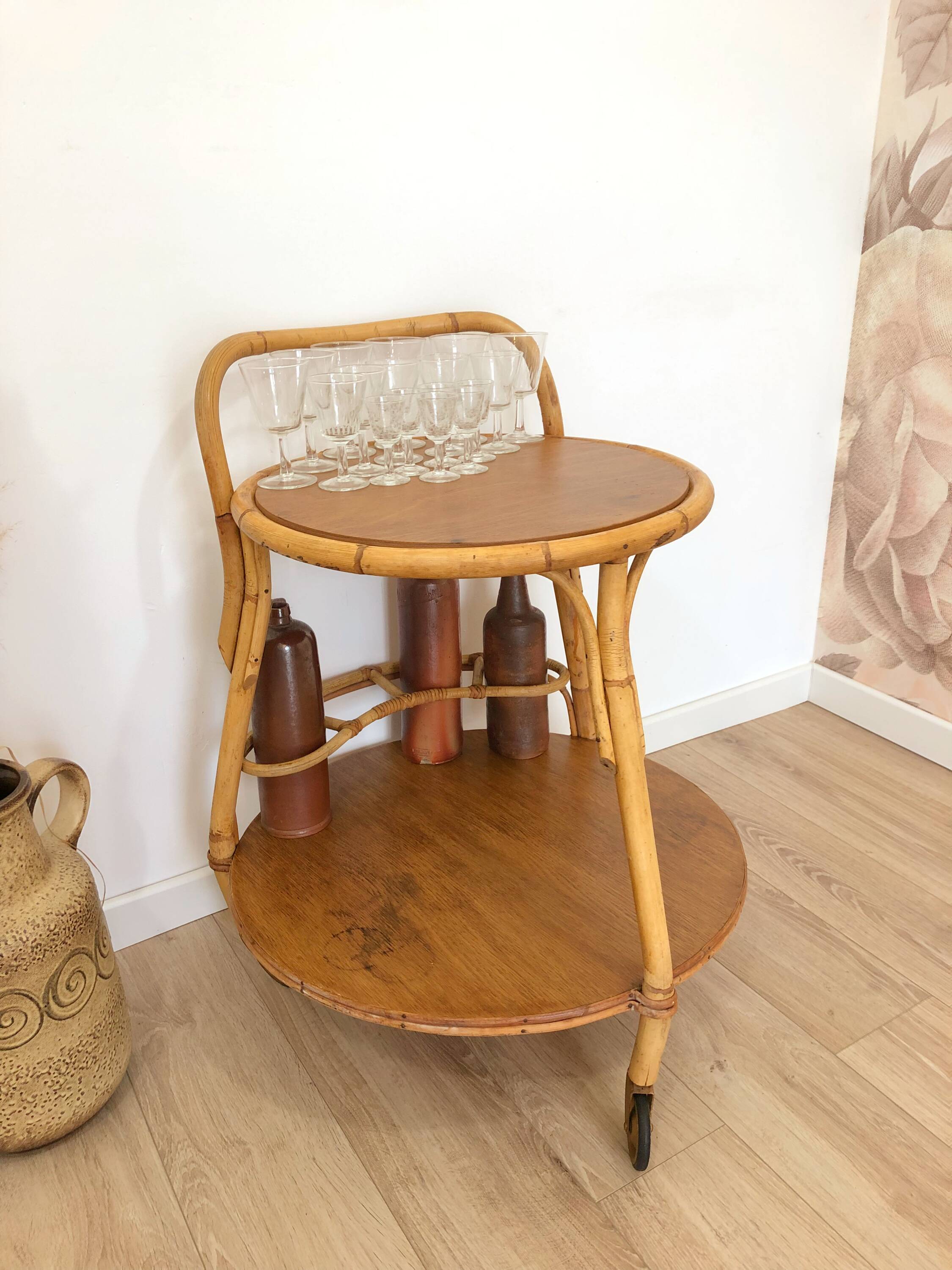 1960s/70s rattan rolling bar/serving cart