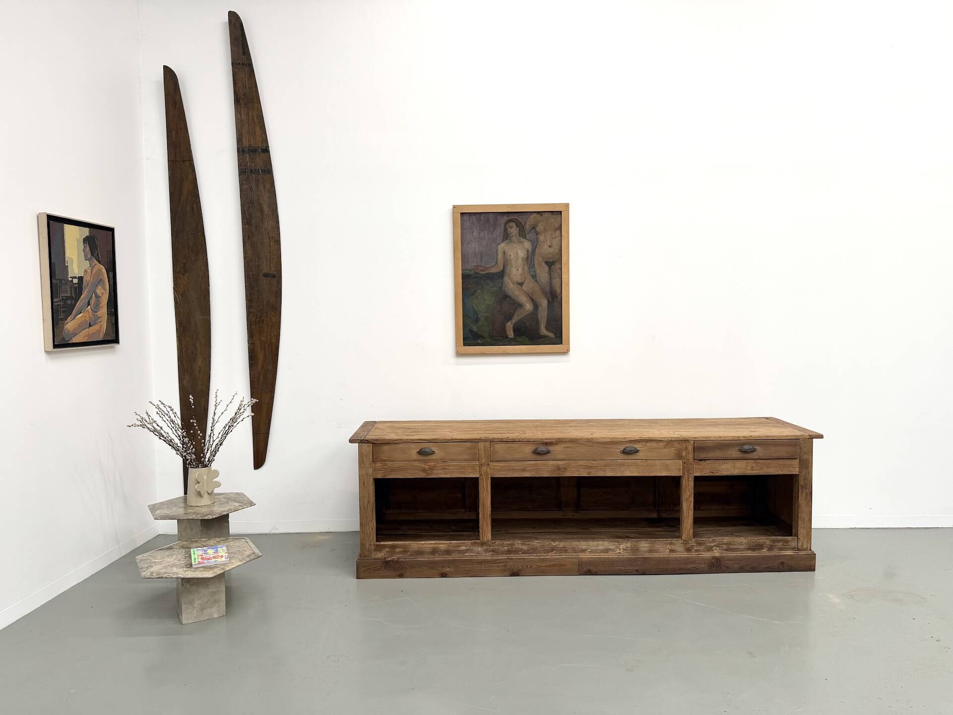 Very large pine trade counter, circa 1920.