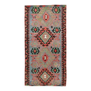 Kilim vintage anatolien tons bleu, vert et rouge géométrique, 160x317 Cm