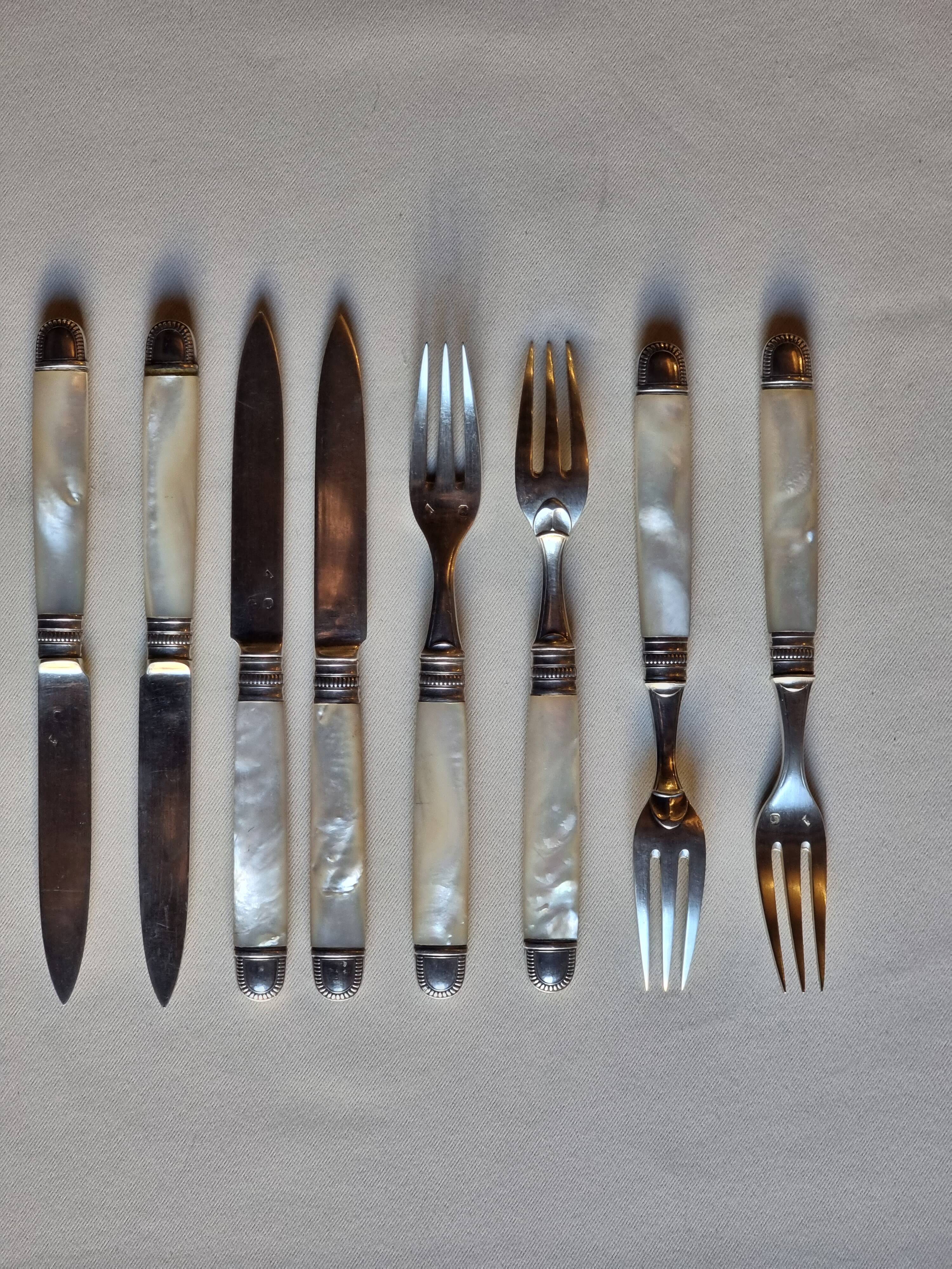 Knives and forks, XIXth, silver blades and forks, mother-of-pearl handle, minerva hallmark