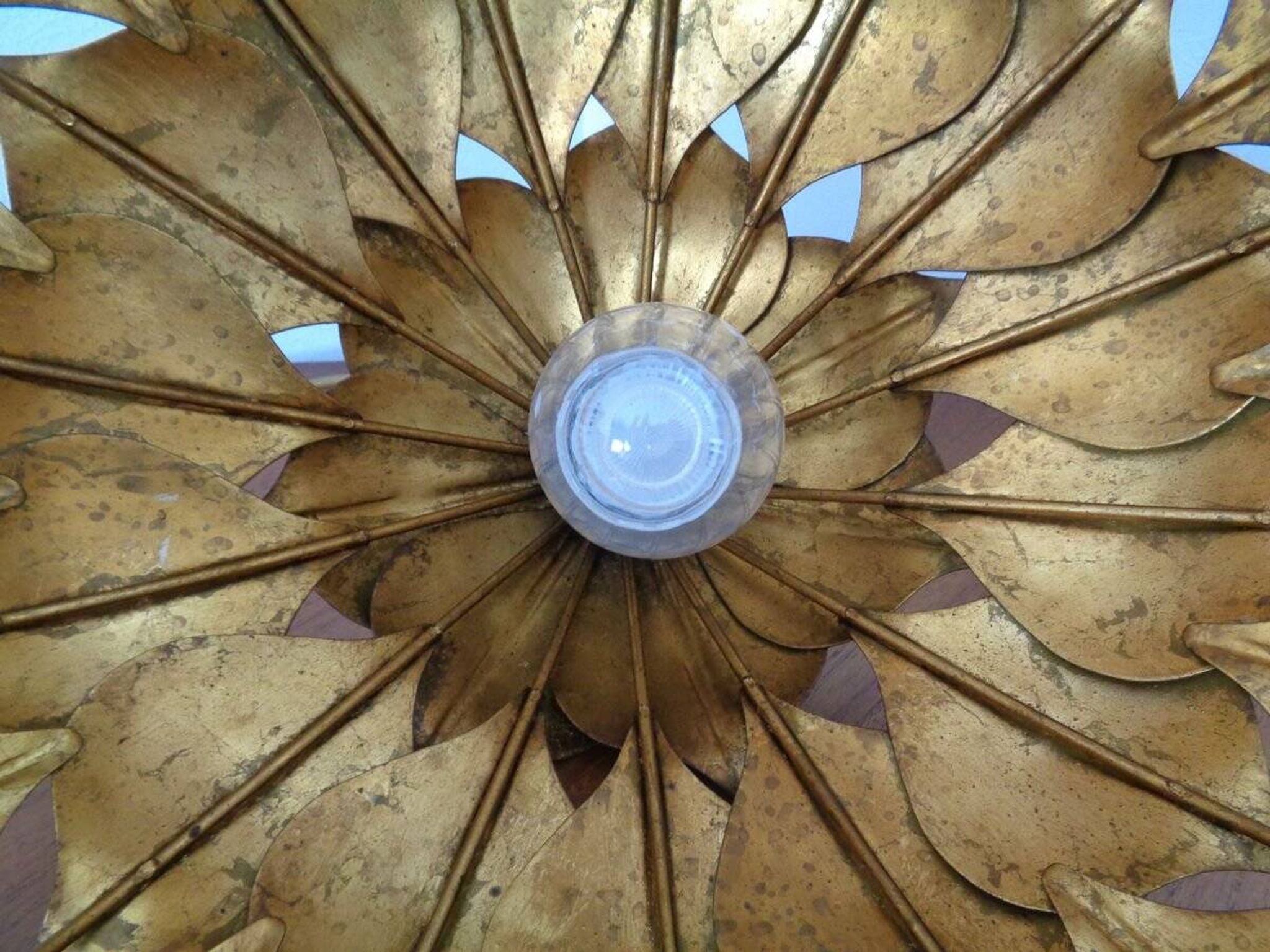 Large French Brass Lotus Ceiling Lamp, 1940s