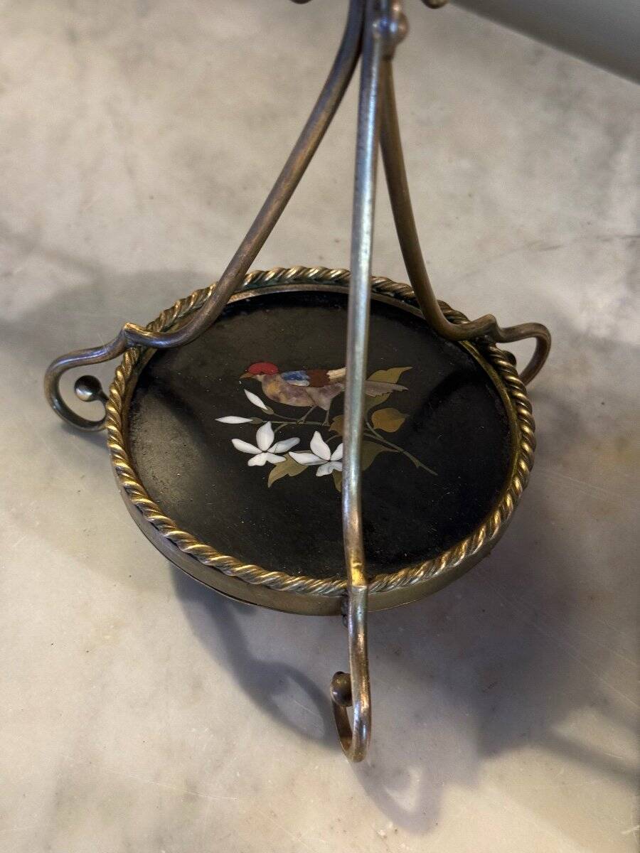 Pair of bronze candlesticks with pietra dura, marble marquetry, circa 1900.