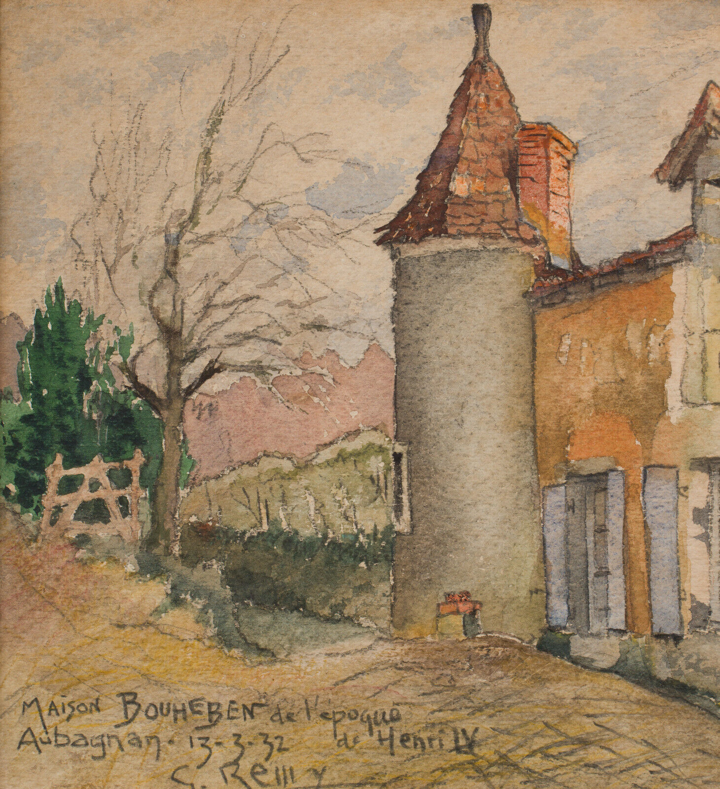 Watercolor on paper Maison Bouheben in Aubagnan by G. Rémy 1932