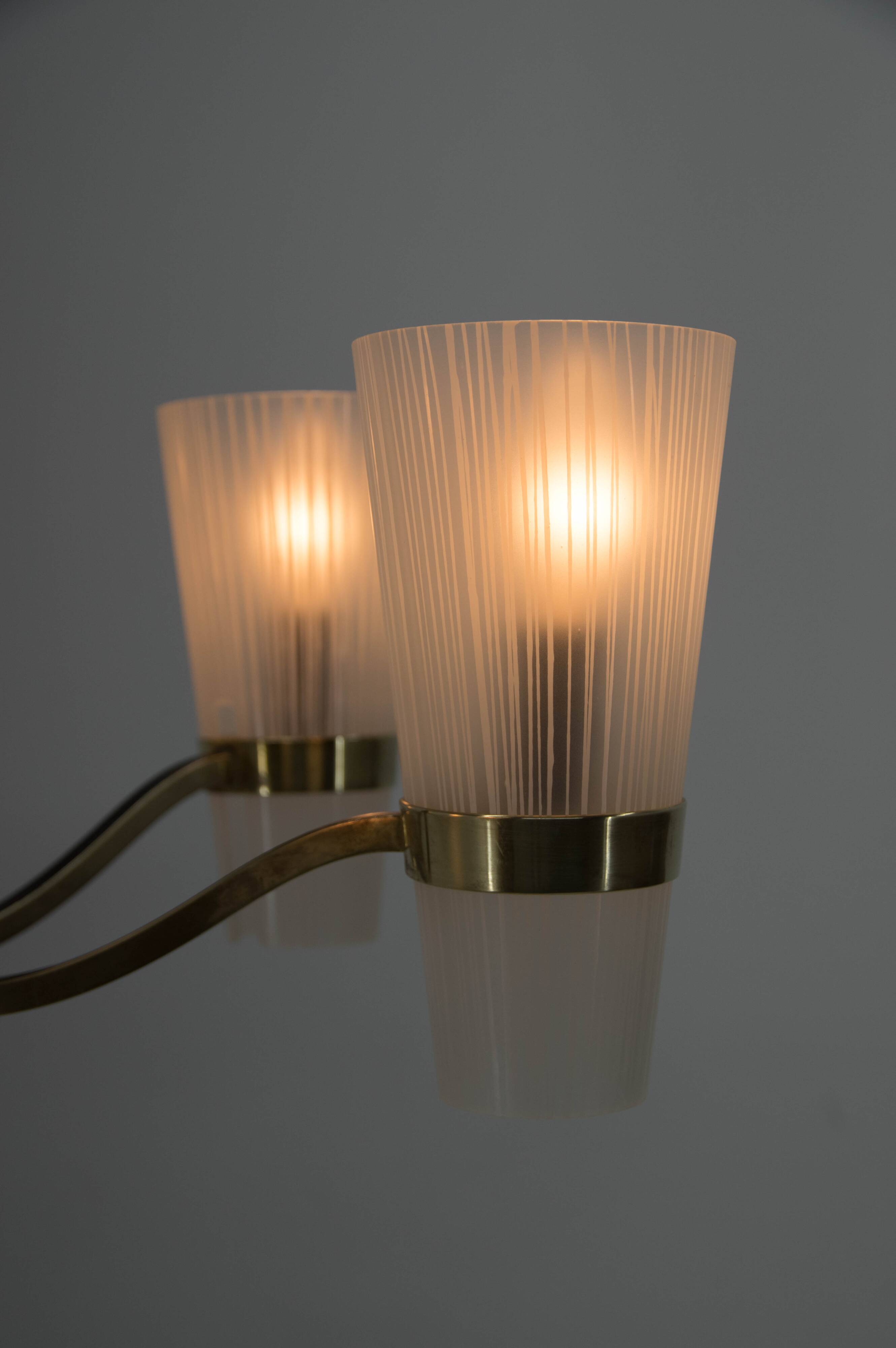 Brass and Glass Chandelier in Lyfa Style, Denmark, 1970s