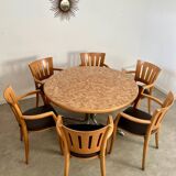 Old inlaid wood table designed by Dieter Waeckerlin Idealheim from the 70s with metal foot