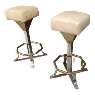 Tabourets de bar en laiton et chrome des années 70, lot de 2, années 1970