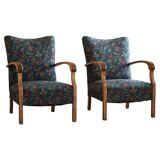 Danish mid-century modern, pair of beech armchairs with original fabric, 1960s.