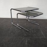 2 side tables in chrome and smoked glass