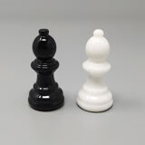 Jeu d'échecs noir et blanc des années 1970 en albâtre de Volterra fait main en Italie