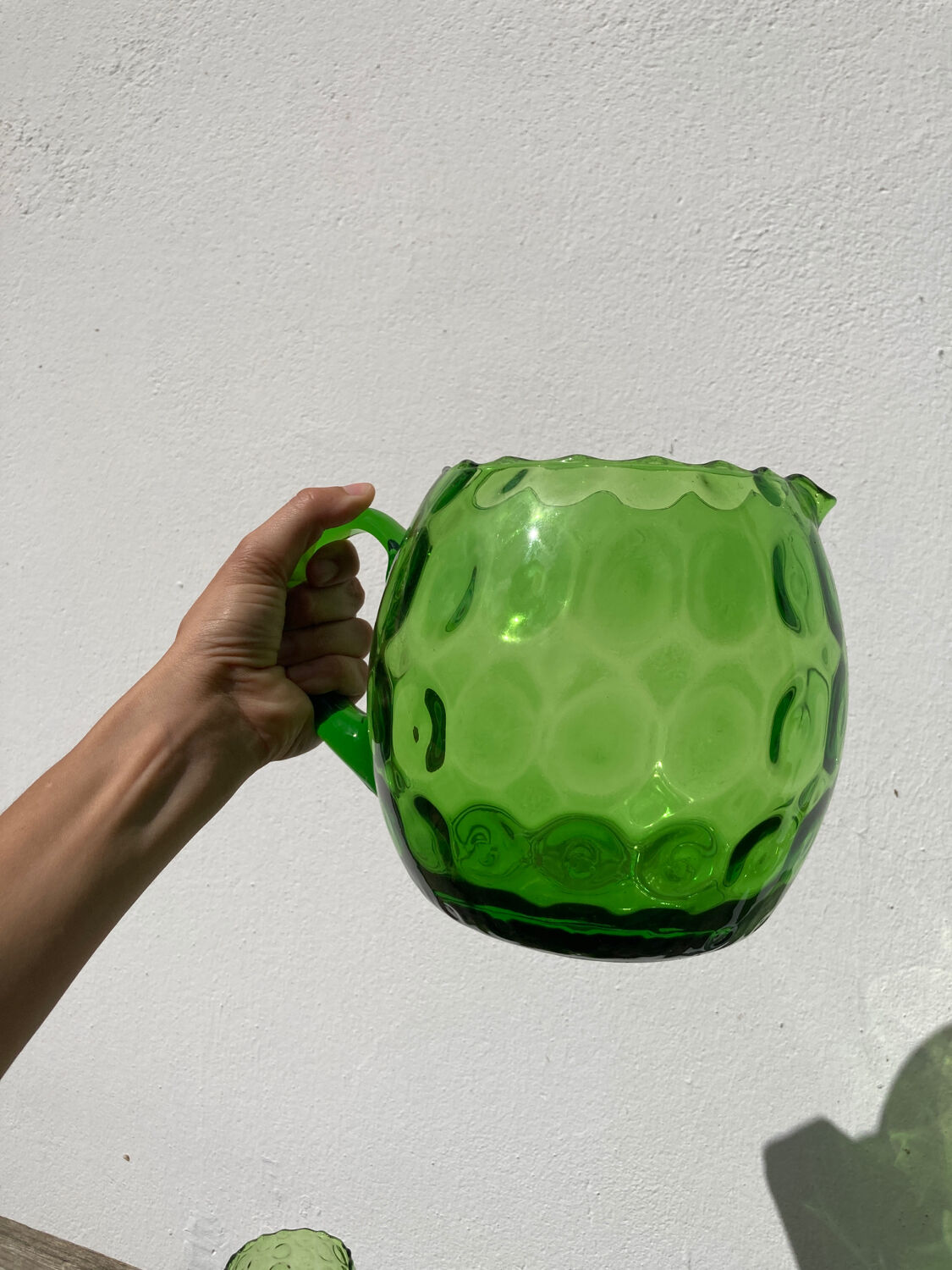 4 green water glasses and vintage blown glass carafe