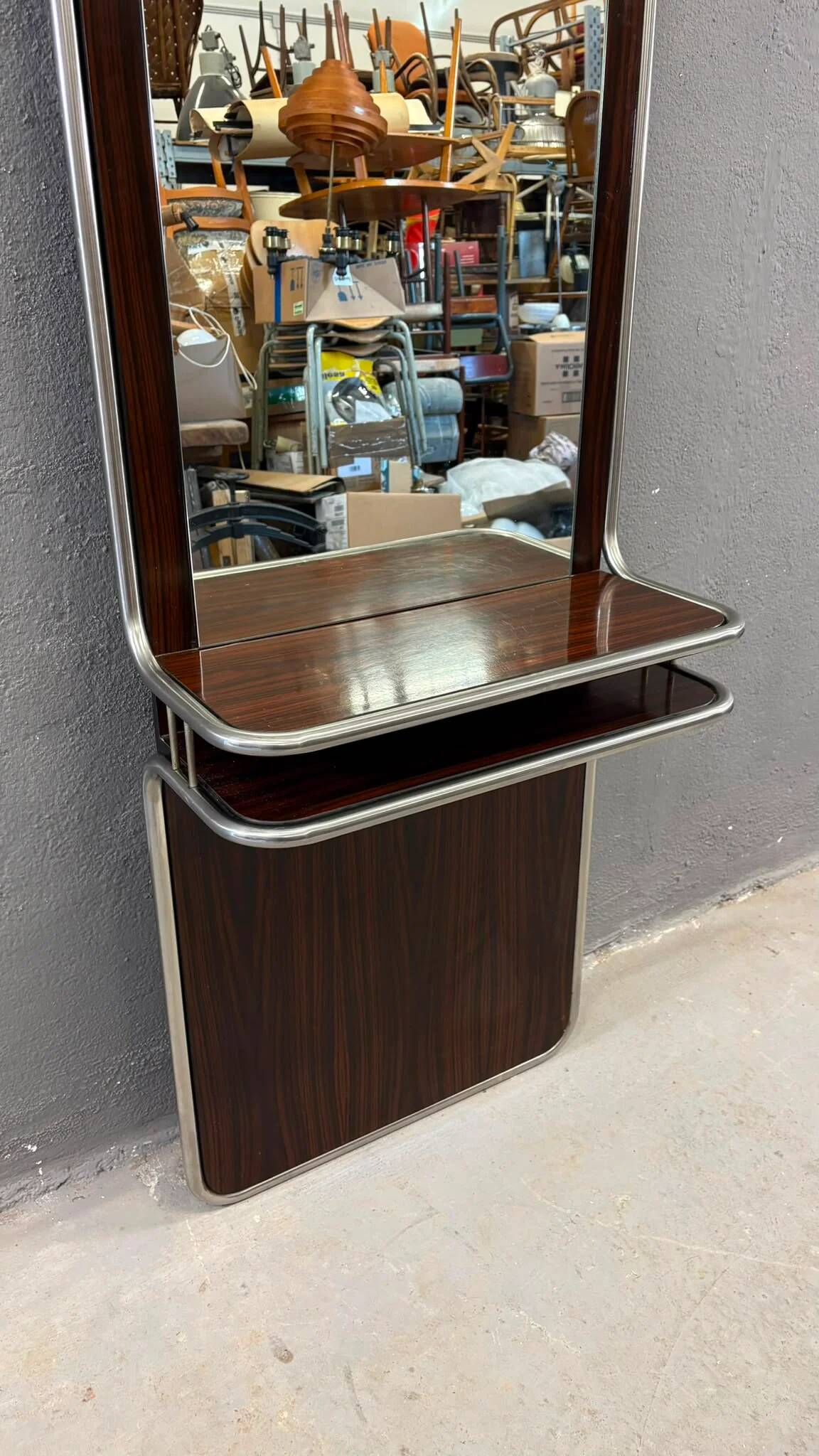 Console murale en chrome et palissandre avec miroir, années 1970, italienne.